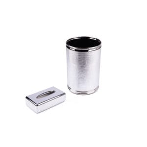 Pinetti. A Set of Grained Silver Leather Waste Basket & Rectangular Tissue Box