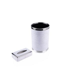 Pinetti. A Set of Grey Leather Waste Basket & Rectangular Tissue Box