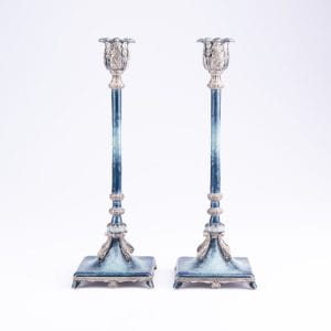 Quest Gifts & Design. A Pair of Blue Silver Baroque Candle Holders