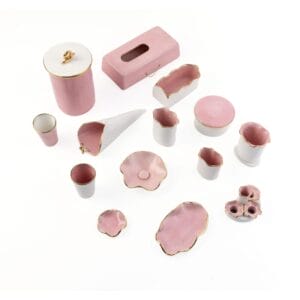 Idée Art Exclusive. Set of Pink Porcelain Bathroom Accessories. 14 pieces